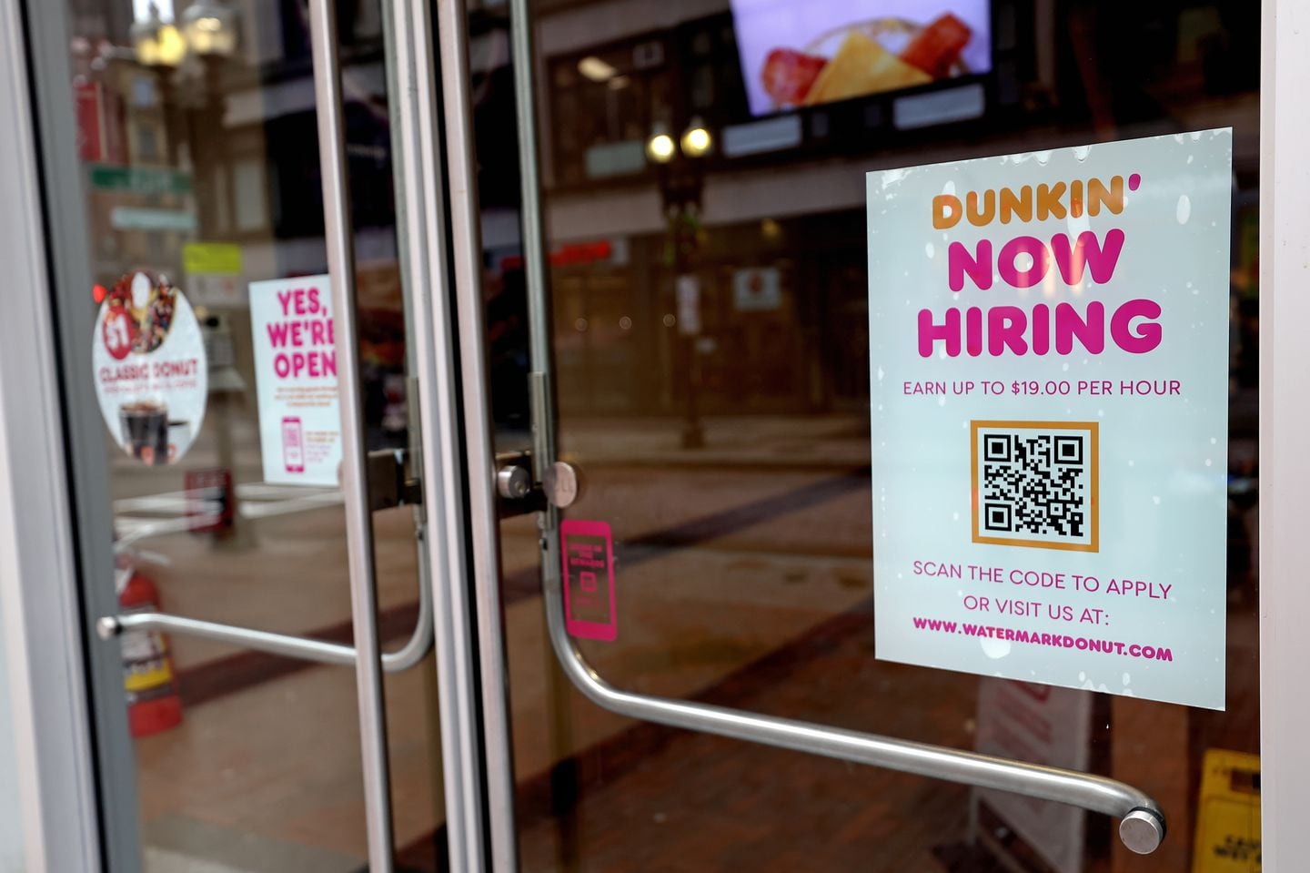 A Dunkin' advertised for help at 330 Washington St., in Boston.